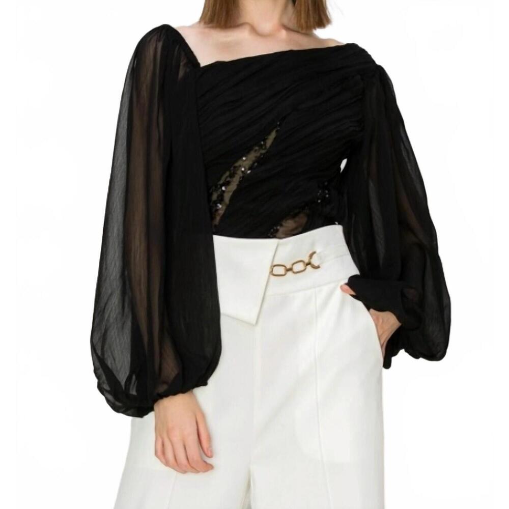 NEW COLLECTIVE sequin mesh asymmetric pleated top in black